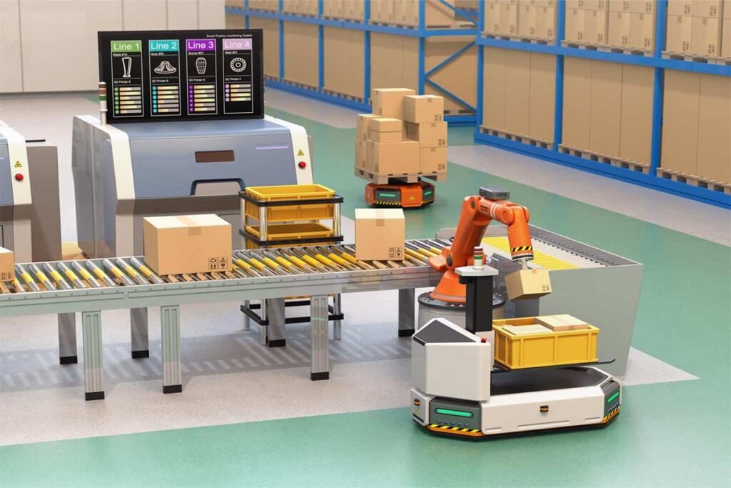 Automated guided vehicle manufacturer are utilizing robots on a conveyor belt in warehouses to enhance productivity and efficiency.
