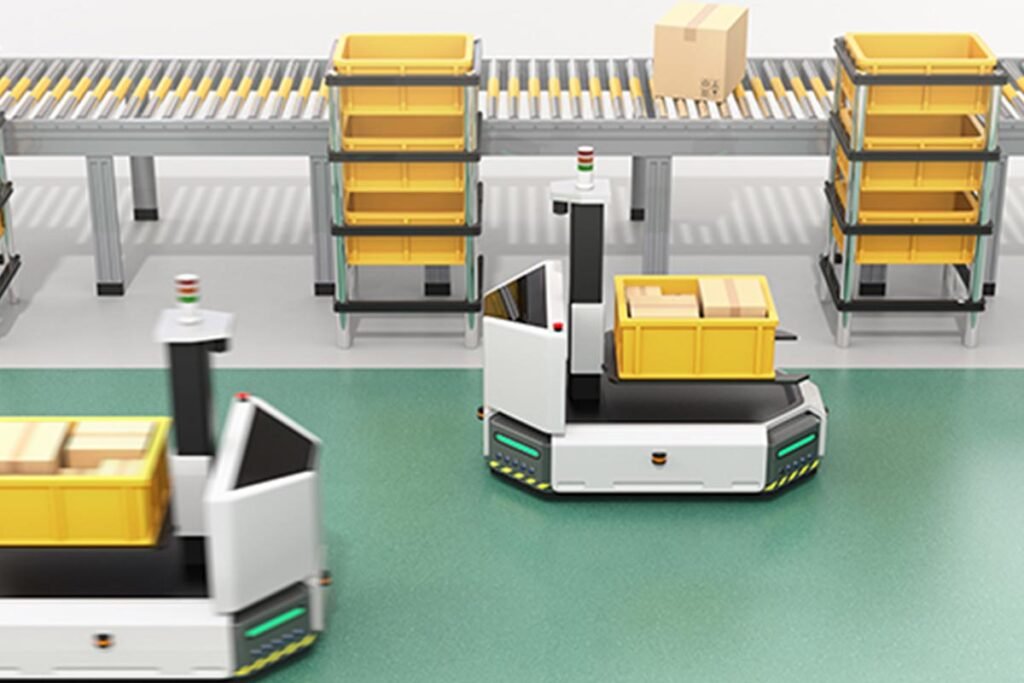 Two autonomous mobile robots on a conveyor belt in a warehouse.