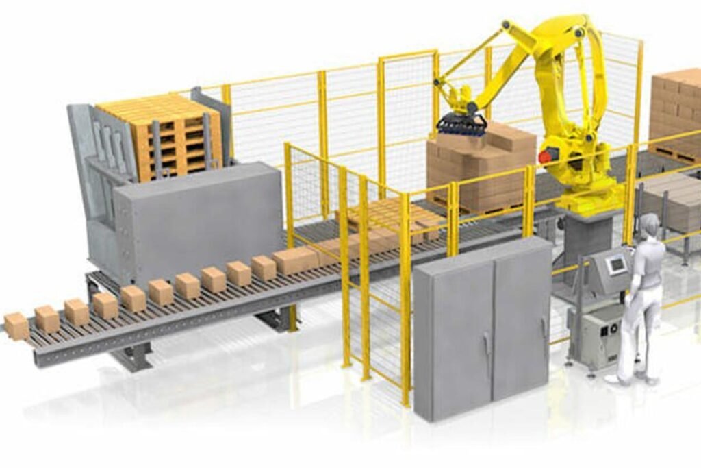 A 3D image of a warehouse with robots and boxes showcasing the capabilities of pick and place robots.