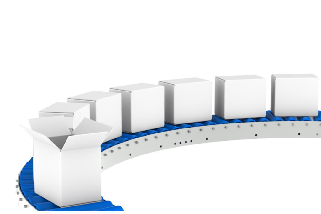 A conveyor belt with boxes on it manufactured by roller conveyors manufacturer.