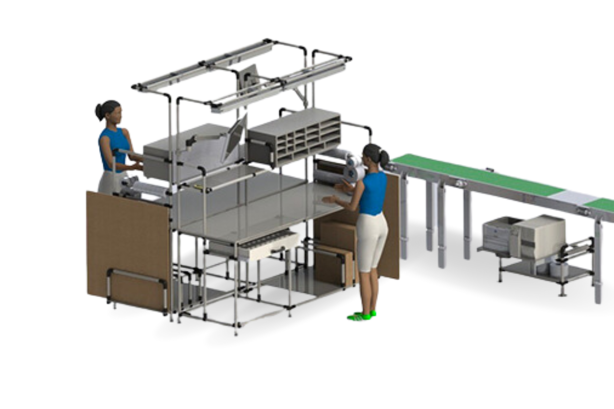 Two people are operating packaging workstations on a conveyor system.